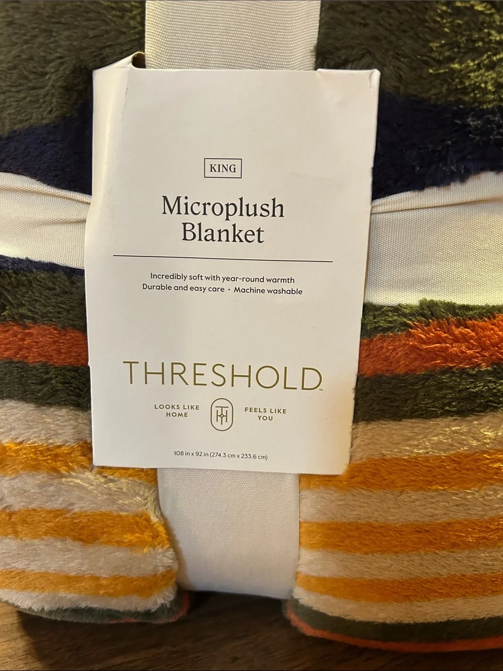 Threshold Microplush Blanket in Olive, Navy, Orange, White, and Gold Stripes